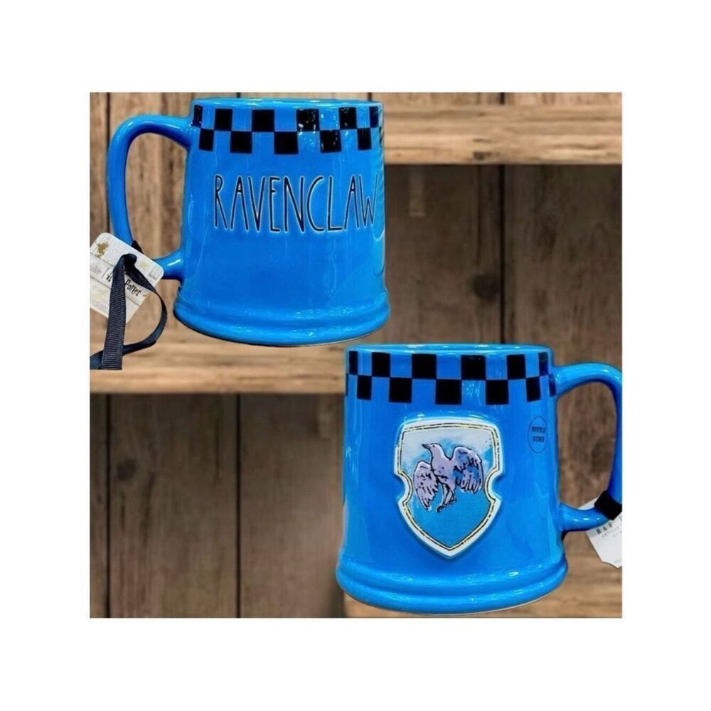 NWT Rae Dunn Harry Potter Ravenclaw Blue Black Glossy Ceramic Chekered 16 Oz Mug